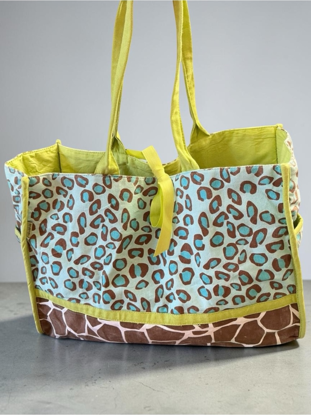 Leopard Giraffe Print Canvas Tote Lime Green Lined Shoulder Bag Large Travel